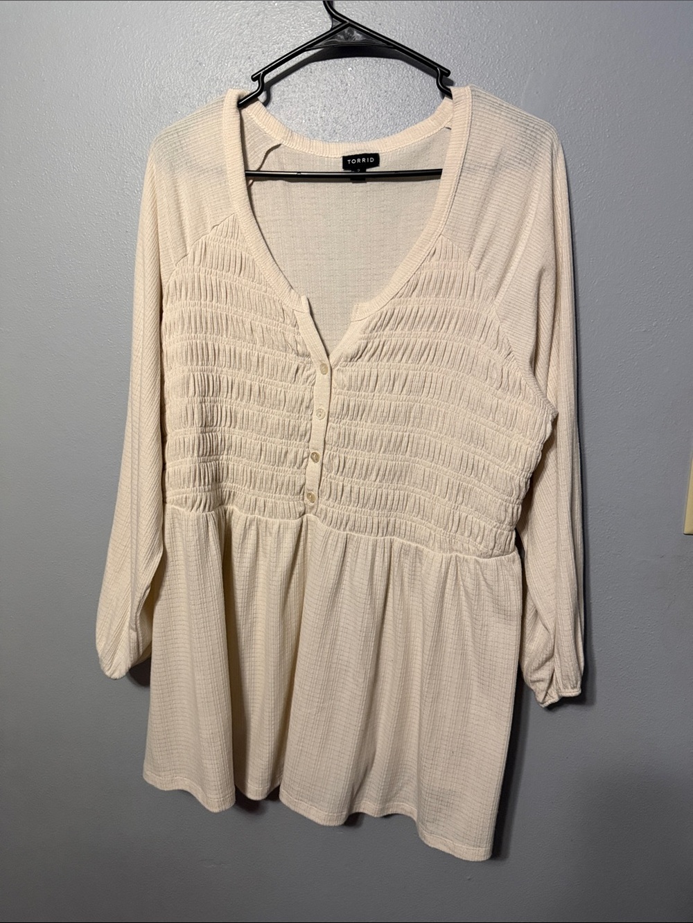 torrid Cream Waffle Knit Smocked Peplum Henley Top